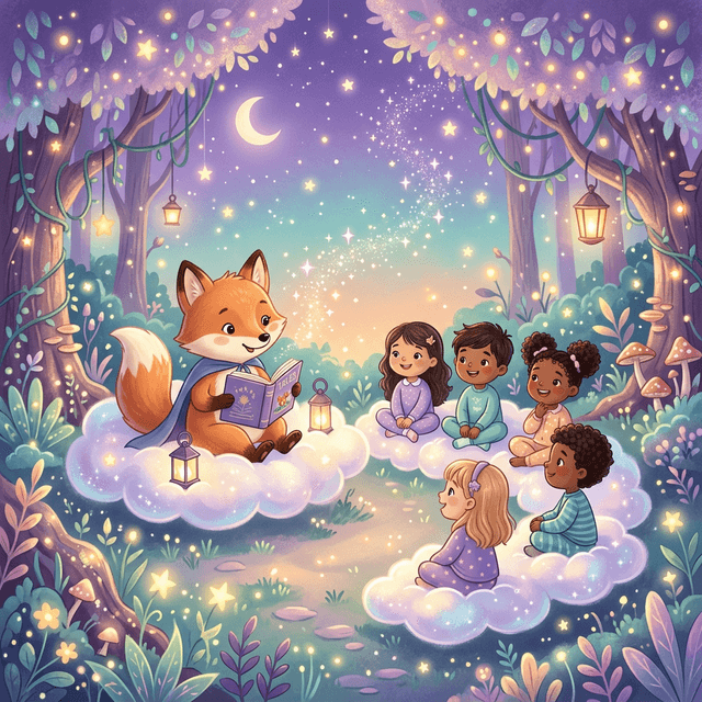 Fox mascot reading fairy tales to children in a magical forest